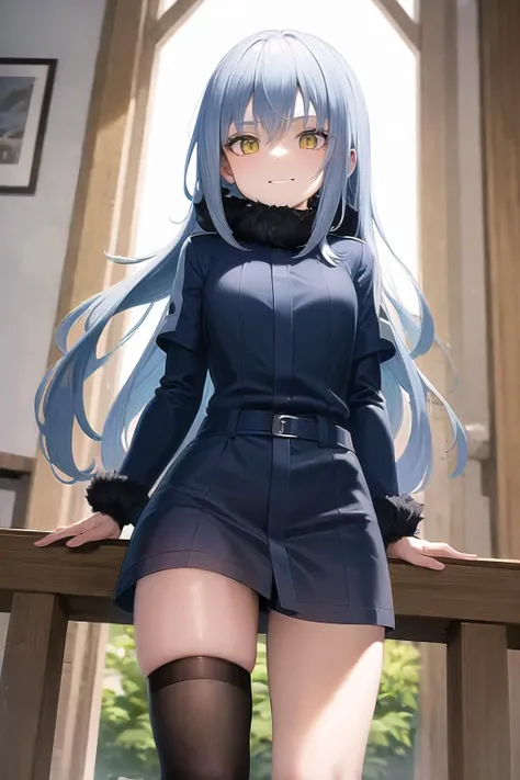absurdres, 1girl, <lora:rimuruTempest4Outfits_v11:1>, rimuru tempest, def1, smile, overlooking town, standing, teen