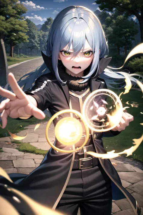absurdres, 1boy, solo, <lora:rimuruTempest4Outfits_v11:1>, rimuru tempest, lrd1, realism, outside, forest, angry, casting spell, magic, magic circle, fire