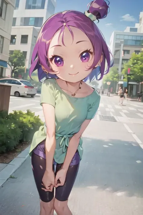 best quality, ojsgwopcs, one side up, green shirt, dress, shorts under skirt, smile, looking at viewer, city <lora:segawa-onpu-casual:1>
