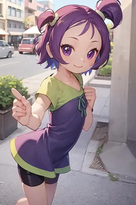best quality, ojsgwopcs, one side up, green shirt, dress, shorts under skirt, smile, looking at viewer, city <lora:segawa-onpu-casual:1>