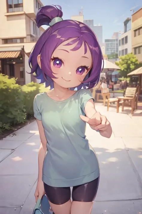 best quality, ojsgwopcs, one side up, green shirt, dress, shorts under skirt, smile, looking at viewer, city <lora:segawa-onpu-casual:1>
