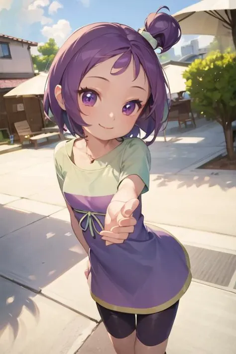 best quality, ojsgwopcs, one side up, green shirt, dress, shorts under skirt, smile, looking at viewer, city <lora:segawa-onpu-casual:1>