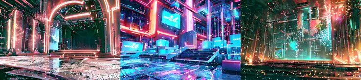 (otherworldly), highly insanely detailed, masterpiece, top quality, best quality, highres, 4k, 8k, RAW photo, (very aesthetic, beautiful and aesthetic), <lora:A stage background style:1>, Neon, stage background, sparkling, (fantasy world)