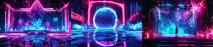 (otherworldly), highly insanely detailed, masterpiece, top quality, best quality, highres, 4k, 8k, RAW photo, (very aesthetic, beautiful and aesthetic), <lora:A stage background style:1>, Neon, stage background, sparkling, (fantasy world)