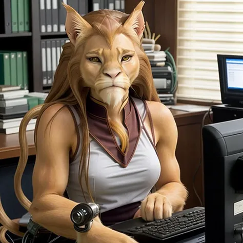 photograph of an Aslan female working at a computer in an office, realistic, photorealistic, <lora:aslan_v202:1>