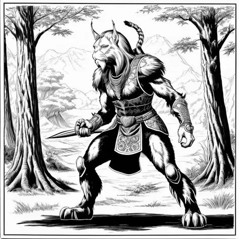 black ink drawing of an Aslan warrior hunting in the woods <lora:aslan_v202:1>