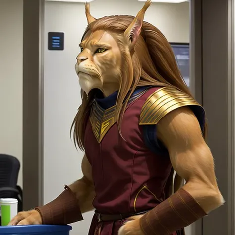 photograph of an Aslan male standing at a water cooler in an office, realistic, photorealistic, <lora:aslan_v202:1>