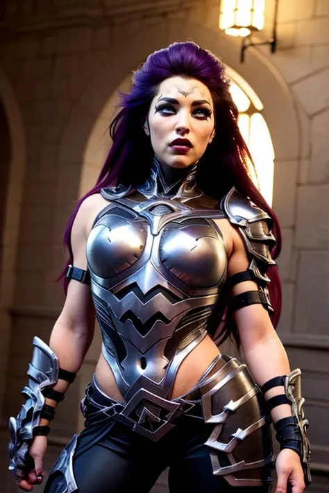a photo of a woman wearing armor  ,  , rendered in octane , rendered in unreal engine , realistic photography, ultra-realistic, detailed eyes, photorealistic, realistic, real life, photograph, , soft lighting ,  , masterpiece , sharp focus , cinematic lighting , rim lighting , glossy skin , shiny skin ,  , soft lighting  , ring fill flash ,   ,,  black hair , blush , nose blush ,  happy  ,  choker, masterpiece, best quality, CG, wallpaper, HDR, high quality, high-definition, extremely detailed,    , full body , darksiders , fury  <lora:Fury:0.91> , heavy metal , vintage , dark night , rim lighting , demoness , front , armored , tribal tattoos , purple hair , long flowing hair , athletic , muscular , thick thighs , wide hips , eyeliner , mascara , dark , demonic , surrounded by red thorn vines