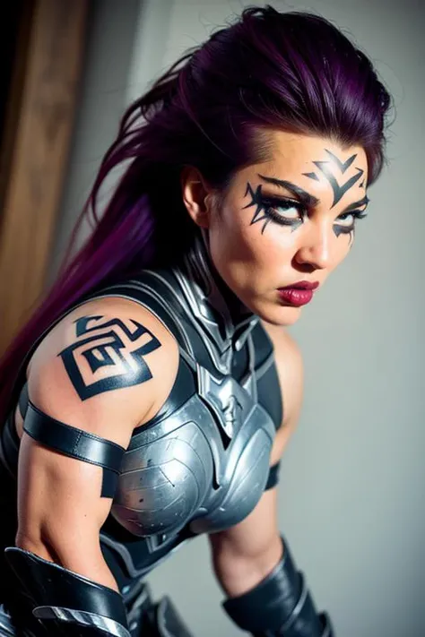 a photo of a woman wearing armor , , rendered in octane , rendered in unreal engine , realistic photography, ultra-realistic, detailed eyes, photorealistic, realistic, real life, photograph, , soft lighting , , masterpiece , sharp focus , cinematic lighting , rim lighting , glossy skin , shiny skin , , soft lighting , ring fill flash , ,, black hair , blush , nose blush , happy , choker, masterpiece, best quality, CG, wallpaper, HDR, high quality, high-definition, extremely detailed, , full body , darksiders , fury <lora:Fury:0.91> , heavy metal , vintage , dark night , rim lighting , demoness , front , armored , (tribal tattoos :1.43), purple hair , long flowing hair , athletic , muscular , thick thighs , wide hips , eyeliner , mascara , dark , demonic , surrounded by red thorn vines , native , tribal , red glowing eyes , daedric armor , barbarian , demon warrior , red fire , , hell , cracked , fractured , FuMet, shoulder armor , gauntlets boots, greaves,