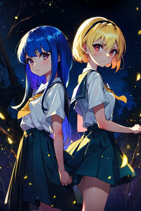 masterpiece,best quality,2girls,back-to-back,floating gems,shining fragement,
AND masterpiece,best quality,2girls,back-to-back,floating gems,shining fragement,(1girl,furude rika,long hair, blue hair, purple eyes,school uniform, evil grin,(glowing eyes), <lora:RikaSatoko:0.5>,),
AND masterpiece,best quality,2girls,back-to-back,floating gems,shining fragement,(1girl,houjou satoko,blonde hair, short hair, hairband, red eyes,school uniform,evil grin,(glowing eyes), <lora:RikaSatoko:0.5>,),