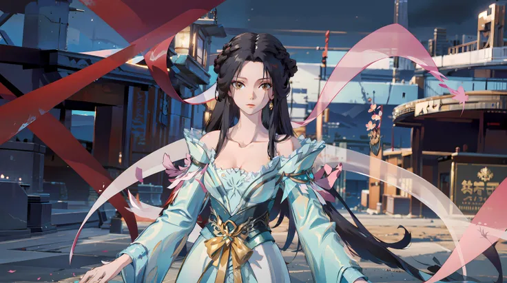 masterpiece,best quality,1girl, black hair, bare shoulders, long hair, dress,cowboy shot, dynamic pose, dynamic angle, <lora:jiangli:0.8>