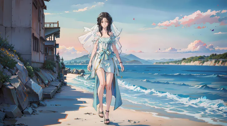 masterpiece,best quality,1girl, black_hair, ((solo)),wedding dress, walking,seaside, beach, <lora:jiangli:0.6> ,