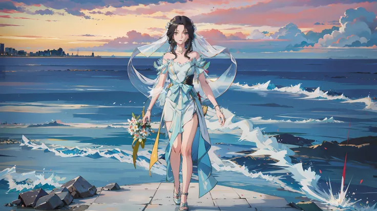 masterpiece,best quality,1girl, black_hair, ((solo)),wedding dress,  walking,seaside,  beach,  <lora:jiangli:0.6> ,