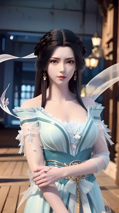 masterpiece,best quality,1girl, black hair, bare shoulders, long hair, dress,cowboy shot, dynamic pose,dynamic angle,<lora:jiangli:0.8>
