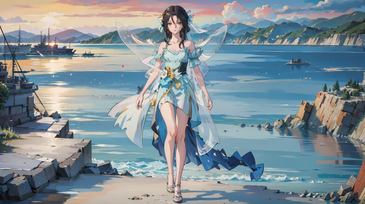 masterpiece,best quality,1girl, black_hair, ((solo)),wedding dress,  walking,seaside,  beach,  <lora:jiangli:0.6> ,