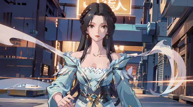 masterpiece,best quality,1girl, black hair, bare shoulders, long hair, dress,cowboy shot, dynamic pose, dynamic angle, <lora:jiangli:0.8>