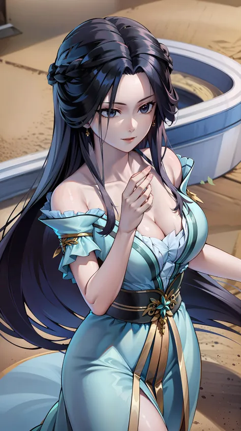 masterpiece,best quality,1girl, black hair, bare shoulders, long hair, dress,cowboy shot, dynamic pose, dynamic angle, <lora:jiangli:0.6>