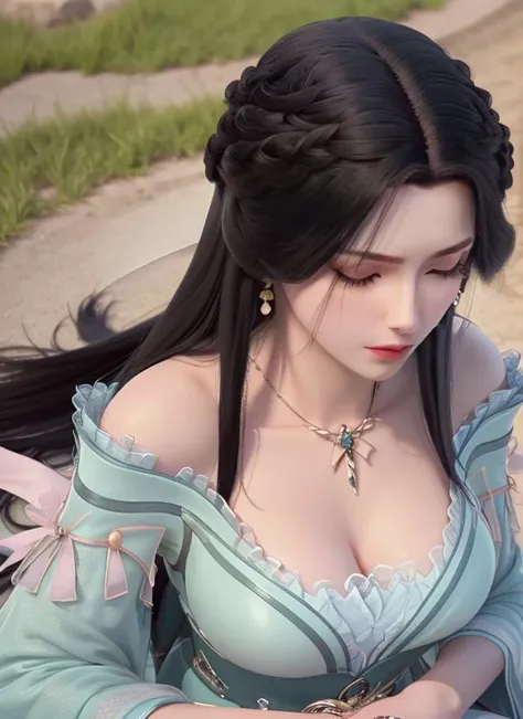 masterpiece, best quality,realistic,
((Top view)),planform,vertical view,from head top,
1girl, solo,blush, sitting, outdoors, black hair, bare shoulders, long hair, dress,Light blue ribbon,earrings,jewelry,wide sleeves,((shawl)),cleavage,nipple slip, 
<lora:jiangli:0.8>