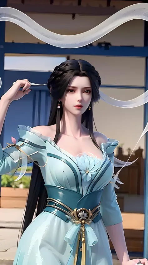 masterpiece,best quality,1girl, black hair, bare shoulders, long hair, dress,cowboy shot, dynamic pose, dynamic angle, <lora:jiangli:0.8>