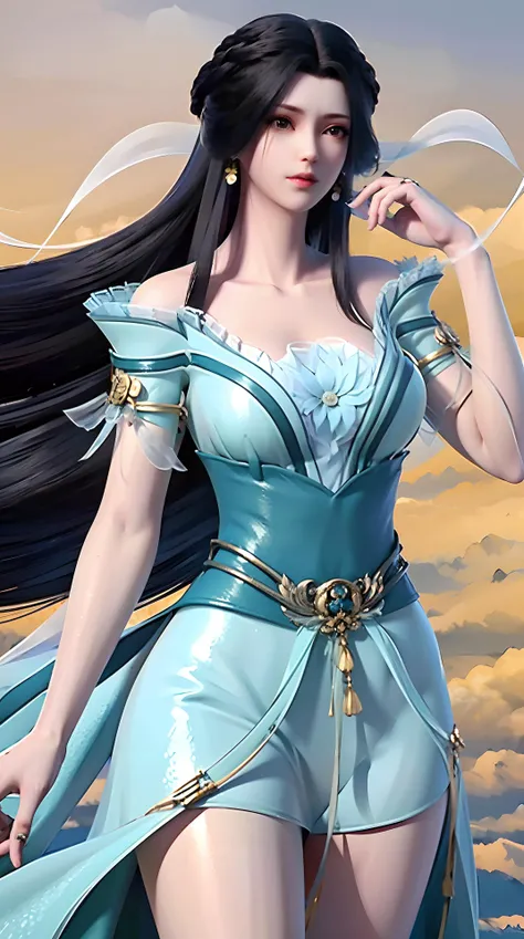 masterpiece,best quality,1girl, black hair, bare shoulders, long hair, dress,cowboy shot, dynamic pose, dynamic angle, <lora:jiangli:0.8>