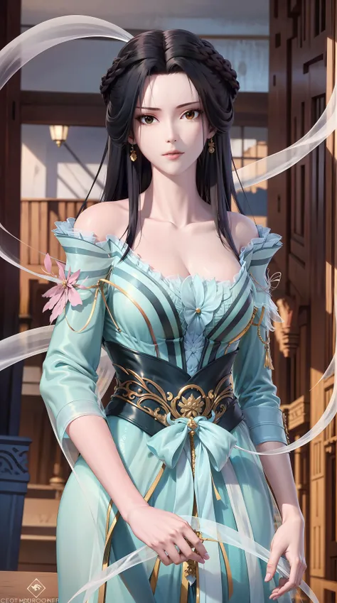 masterpiece,best quality,1girl, black hair, bare shoulders, long hair, dress,cowboy shot, dynamic pose, dynamic angle, <lora:jiangli:0.8>