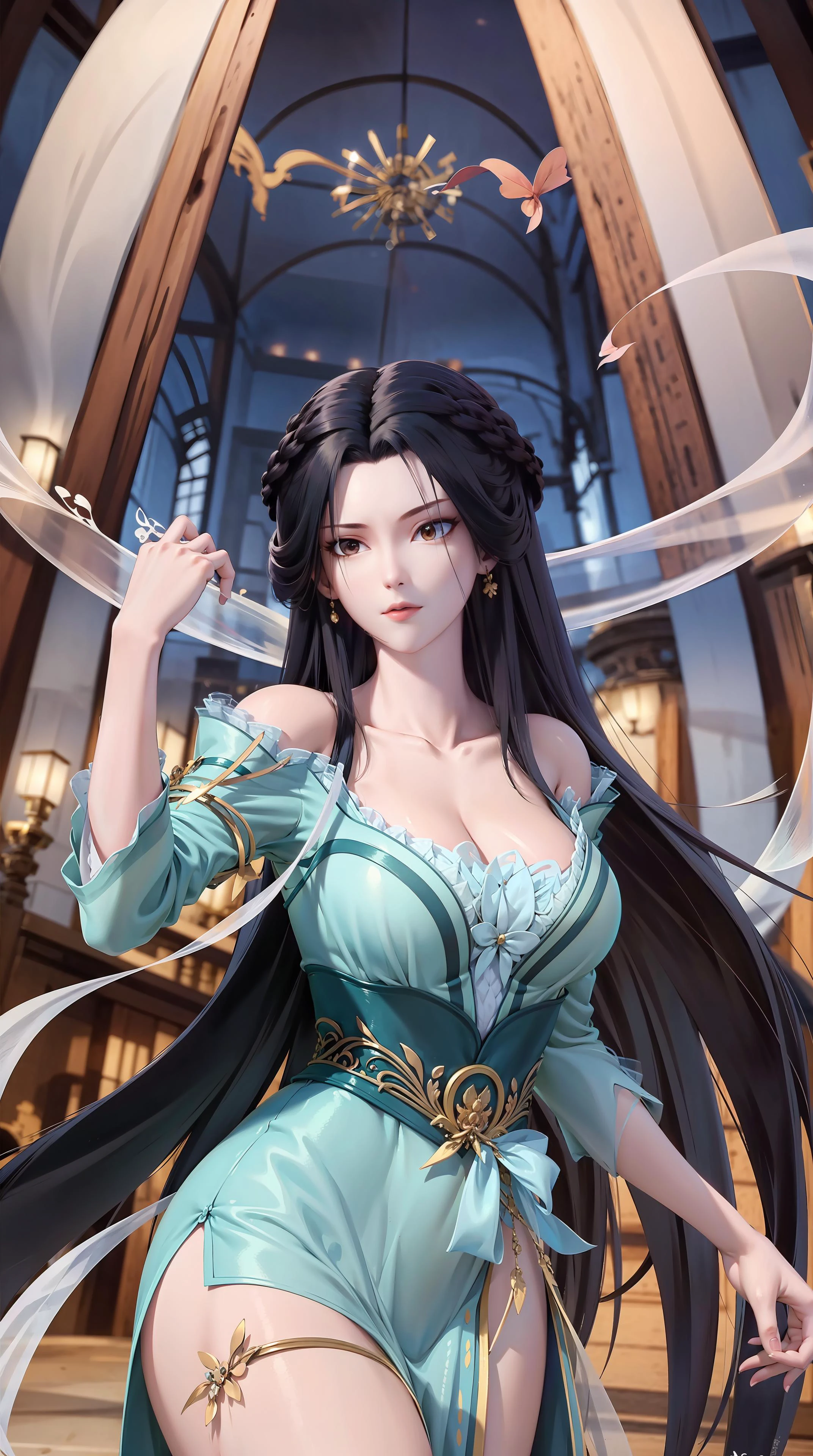 masterpiece,best quality,1girl, black hair, bare shoulders, long hair, dress,cowboy shot, dynamic pose, dynamic angle, <lora:jiangli:0.8>