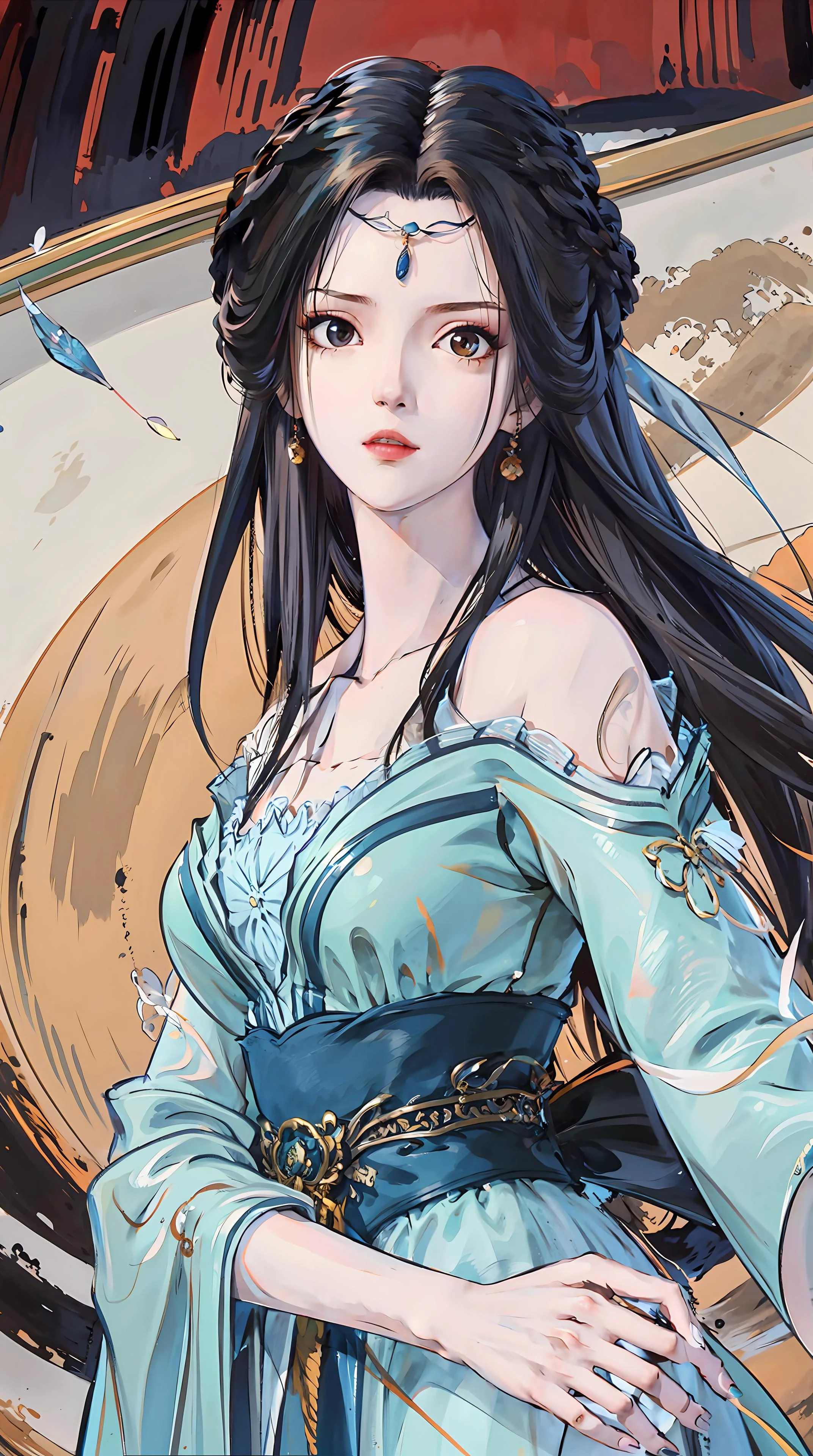 masterpiece,best quality,1girl, black hair, bare shoulders, long hair, dress,cowboy shot, dynamic pose, dynamic angle, <lora:jiangli:0.8>