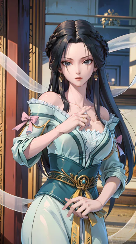 masterpiece,best quality,1girl, black hair, bare shoulders, long hair, dress,cowboy shot, dynamic pose, dynamic angle, <lora:jiangli:0.8>