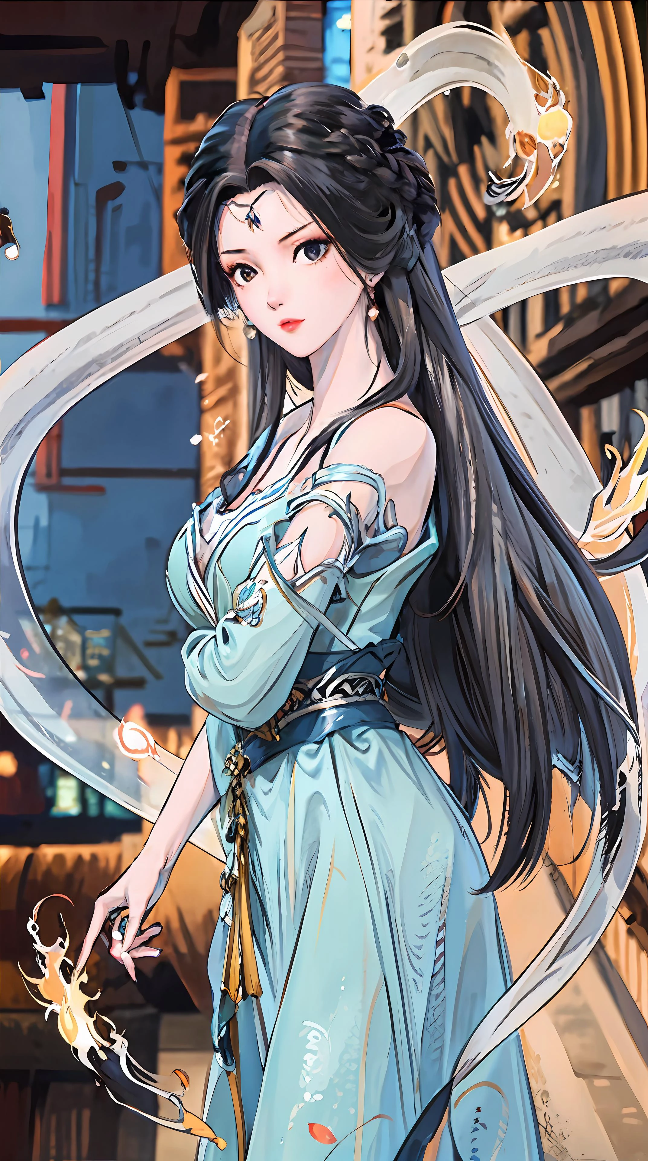 masterpiece,best quality,1girl, black hair, bare shoulders, long hair, dress,cowboy shot, dynamic pose, dynamic angle, <lora:jiangli:0.8>