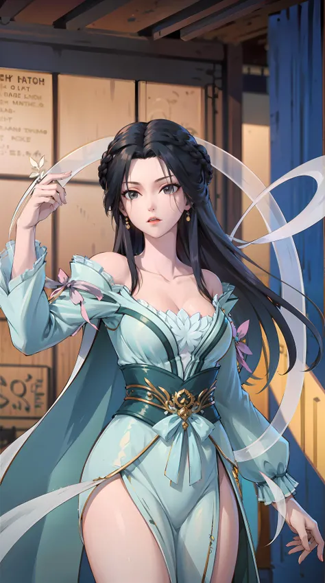 masterpiece,best quality,1girl, black hair, bare shoulders, long hair, dress,cowboy shot, dynamic pose, dynamic angle, <lora:jiangli:0.8>