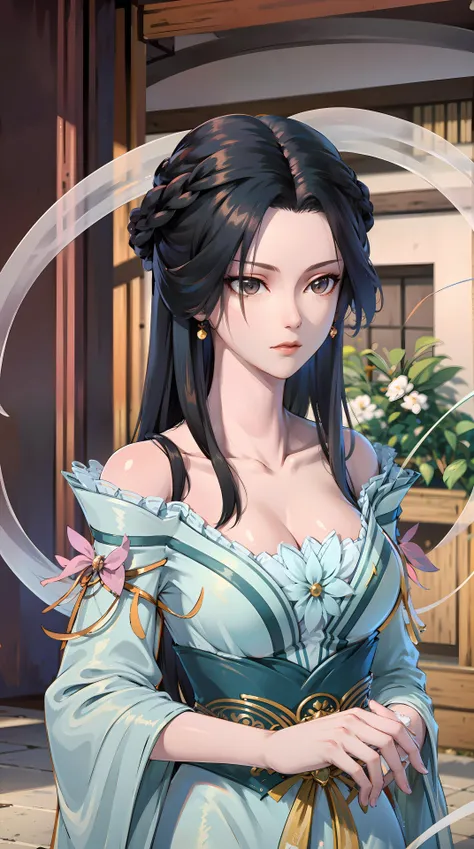 masterpiece,best quality,1girl, black hair, bare shoulders, long hair, dress,cowboy shot, dynamic pose, dynamic angle, <lora:jiangli:0.8>