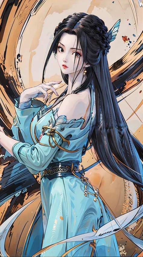 masterpiece,best quality,1girl, black hair, bare shoulders, long hair, dress,cowboy shot, dynamic pose, dynamic angle, <lora:jiangli:0.8>