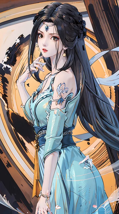 masterpiece,best quality,1girl, black hair, bare shoulders, long hair, dress,cowboy shot, dynamic pose, dynamic angle, <lora:jiangli:0.8>
