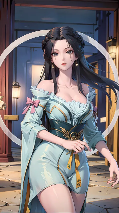 masterpiece,best quality,1girl, black hair, bare shoulders, long hair, dress,cowboy shot, dynamic pose, dynamic angle, <lora:jiangli:0.8>