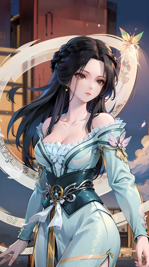 masterpiece,best quality,1girl, black hair, bare shoulders, long hair, dress,cowboy shot, dynamic pose, dynamic angle, <lora:jiangli:0.8>