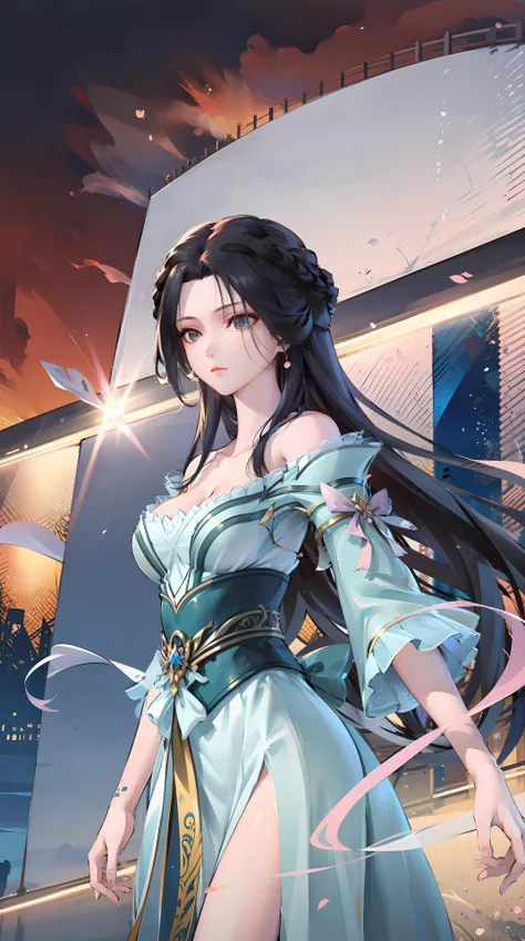 masterpiece,best quality,1girl, black hair, bare shoulders, long hair, dress,cowboy shot, dynamic pose, dynamic angle, <lora:jiangli:0.8>