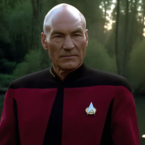 Captain Picard wearing fleet red and black uniform standing in a forest, holding AK48 rifle, angry,
Venetian canals and gondolas and sunset at background <lora:jlptngentd:0.70>