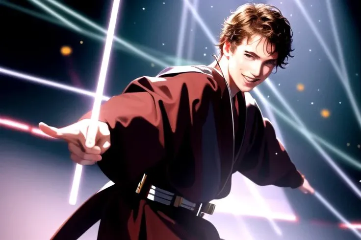masterpiece, best quality,anakinskywalker, smiling, looking at viewer, 1boy, anime, rots,episode3, performing on stage, holding microphone ,upper body <lora:anakin:0.8>