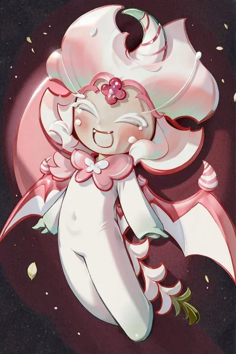(masterpiece, best quality, highres, ultra detailed:1.2), (solo, 1girl, full body), snapdragon, closed eyes, wings, forehead gem, white eyelashes, long eyelashes, tail, blush stickers, white skin, smile, BREAK, looking at viewer, facing viewer, spread arms, (pink flowery background:1.1)