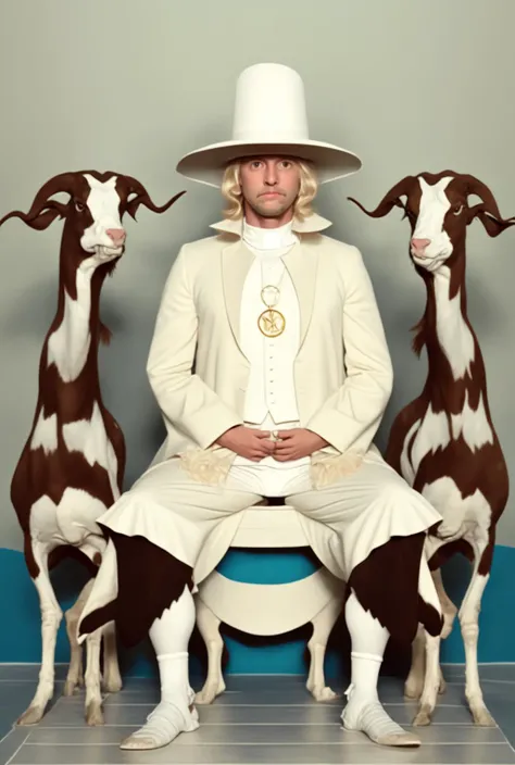 a man in a white hat sitting next to three goats