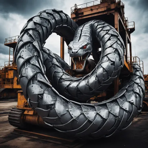 an articulated industrial snake, heavy industry, masterpiece, looming, danger, fear