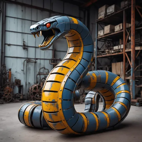 an articulated industrial cobra made from painted metal, heavy industry, masterpiece, looming, danger, fear