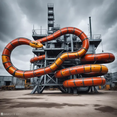 an articulated industrial snake made from painted metal, heavy industry, masterpiece, looming, danger, fear