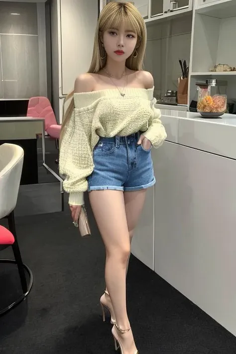 ((masterpiece, bestquality,highres, high quality)), <lora:mikuya_v15:0.8>, ZhouShuyi,blonde hair,Hot pants,Off Shoulder Sweater,transparent high heels,full body