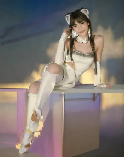 1girl ,(RAW photo:1.2), ((photorealistic:1.4),(masterpiece:1.3),(best quality:1.4),ultra high res,(detailed facial features),(detailed clothes features),HDR,8k resolution, solo focus, bangs, skin tight, (shiny skin),(slender girl),dreamlike, (extreme detailed illustration),check commentary,commentary request,scenery,no text, white cat ear, white cat tail, white hair, long hair,bunches, medium breasts, dress, ribbon collar, smile,(gradient background:1.2 ) <lora:koreanDollLikeness_v10:0.3> <lora:arknightsTexasThe_v10:0.4> <lora:gakki:0.6>