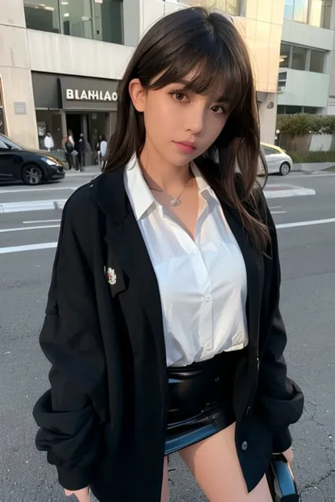 best quality, ultra-high res, (photorealistic:1.4), <lora:mikuya_v15:0.6> black hair, bangs, (oversized black jacket), white shirt, skirt, full body, looking_at_viewer. outdoor, busy street,