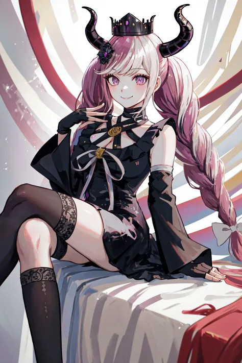 masterpiece, best quality, highres, 1girl twintails twin braids hair ornament demon horns crown china very short drees, smile, open legs, very sexy, random angle, firm breasts, uncensored view, nsfw