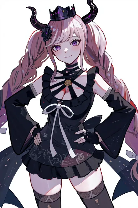 masterpiece, best quality, highres, 1girl twintails twin braids hair ornament demon horns crown, black dress detached sleeves black gloves fingerless gloves cleavage black thighhighs <lora:shinigamichan:1> from side, looking at viewer