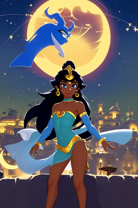 masterpiece, ultra-detailed, best quality, illustration, 8k cg wallpaper, an extremely delicate and beautiful, 1girl, Princess Jasmine /(Aladdin/), solo, perfect anatomy, smiling, blushing, dark skin, perfect arms, perfect hands, perfect fingers, perfect legs, cute, pretty, beautiful, sexy, perfect body, (background: Arabian city, Arabian buildings, night sky, moon, stars, intricately detailed items in background), <lora:Wind_Waker:1.2>