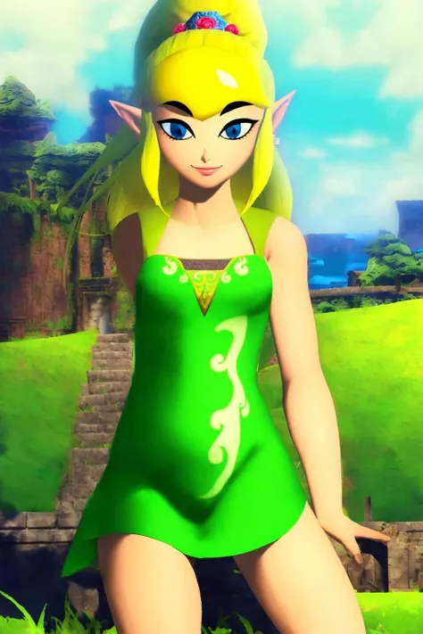 masterpiece, ultra-detailed, best quality, illustration, 8k cg wallpaper, an extremely delicate and beautiful, 1girl, Princess Zelda /(The Legend of Zelda/), solo, perfect anatomy, smiling, blushing, perfect arms, perfect hands, perfect fingers, perfect legs, cute, pretty, beautiful, sexy, perfect body, (background: flowery field, grass, trees, flowers, ruins, intricately detailed items in background), <lora:Wind_Waker:1>